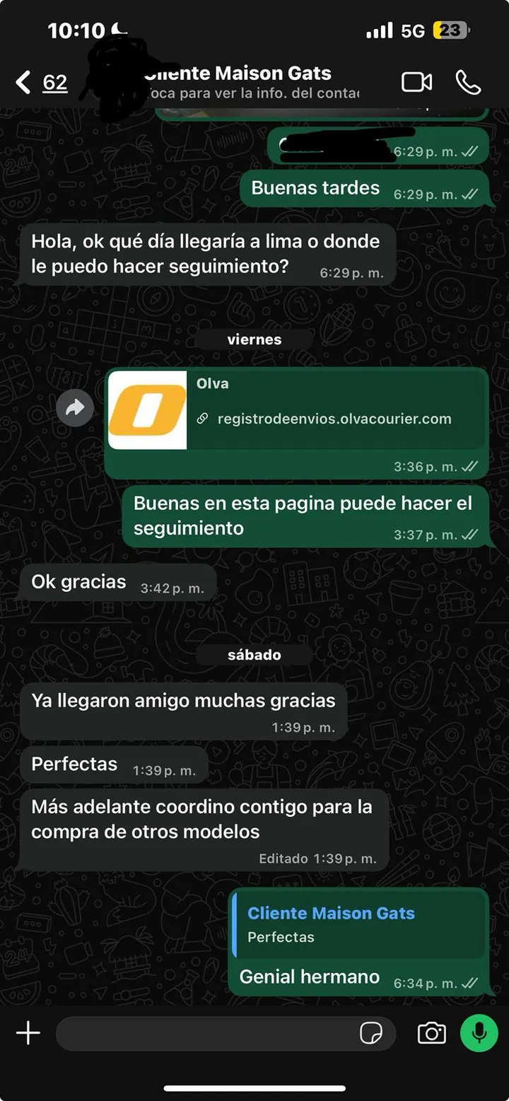 Conversación real con seguimiento, entrega confirmada y futura recompra