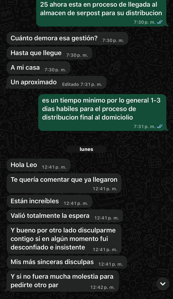 Conversación real de un cliente que confirma la llegada de su pedido