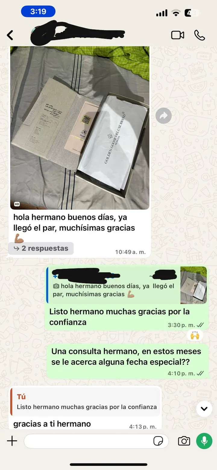 Conversación real en la que un cliente comparte la recepción de su pedido